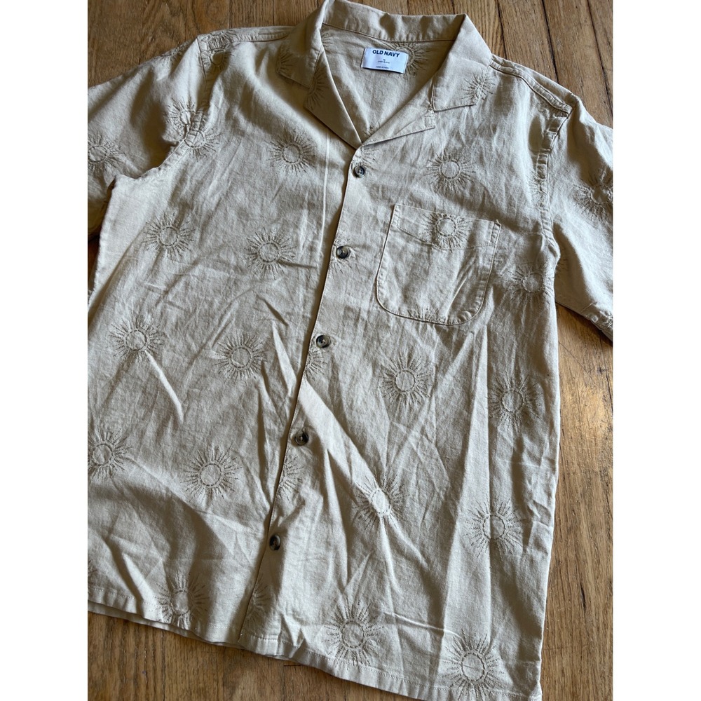 Old Navy Mens Sun Embroidered Camp Collar Shirt British Khaki Linen Blend M - Picture 2 of 8
